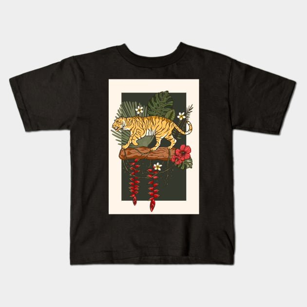 Jungle Tiger on Log Kids T-Shirt by Kylie Paul